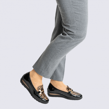 Mocassin Ara, Mocassin détail léopard chic femme en cuir verni noir