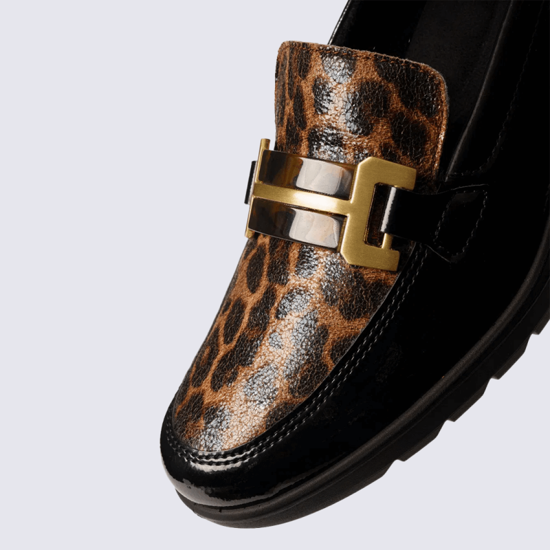 Mocassin Ara, Mocassin détail léopard chic femme en cuir verni noir