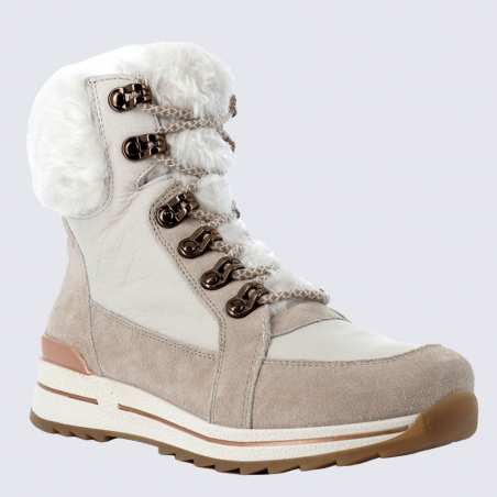 Bottines Ara, Bottines montantes fourrées femme en cuir beige combiné