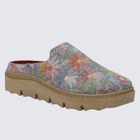 Pantoufle Josef Seibel, chausson femme en feutre gris à motifs floraux