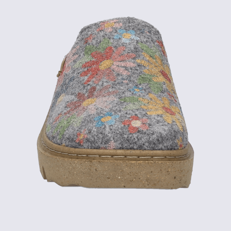 Pantoufle Josef Seibel, chausson femme en feutre gris à motifs floraux