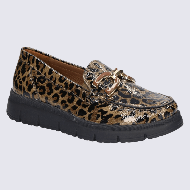Mocassin waldlauder, chaussure femme en cuir imprimé léopard brun multicolore