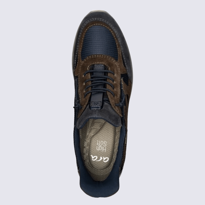 Sneaker ara, chaussure homme en cuir velours et textile bleu & brun