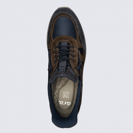 Sneaker ara, chaussure homme en cuir velours et textile bleu & brun