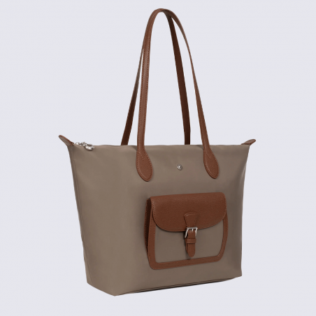 Sac Cabas Hexagona, Sac Cabas toile déperlante chic femme en synthétique taupe et cuir marron