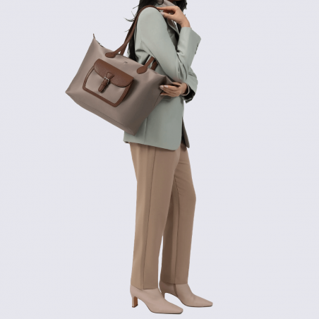 Sac Cabas Hexagona, Sac Cabas toile déperlante chic femme en synthétique taupe et cuir marron