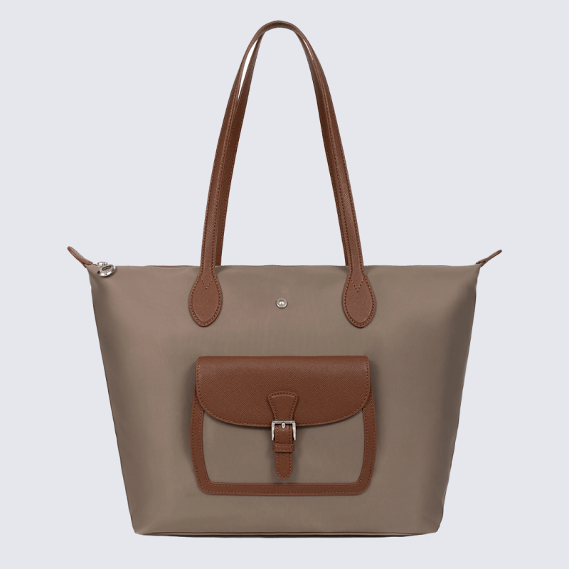 Sac Cabas Hexagona, Sac Cabas toile déperlante chic femme en synthétique taupe et cuir marron