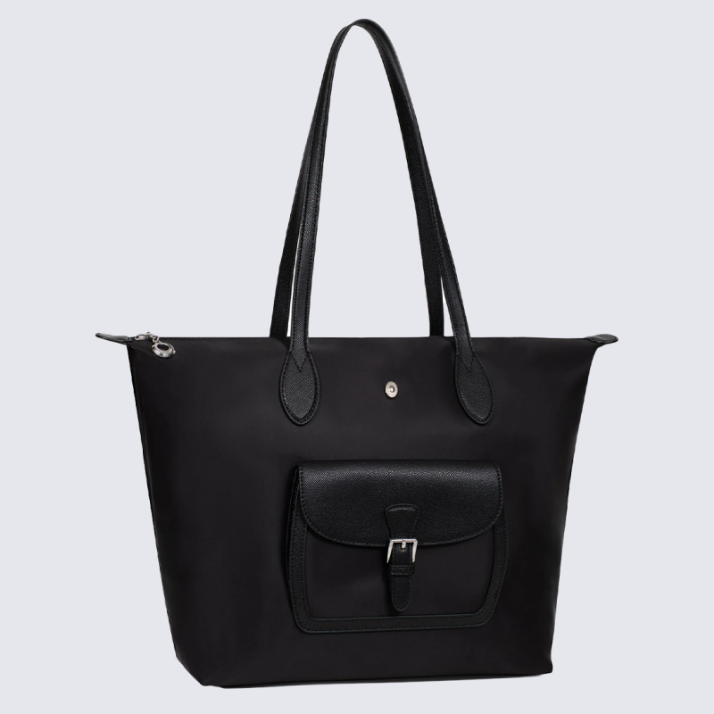 Sac Cabas Hexagona, Sac Cabas toile déperlante chic femme en synthétique noir et cuir noir