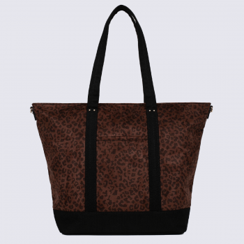 Sac Cabas Hexagona, Sac Cabas toile imprimée léopard femme en textile marron et détails noirs