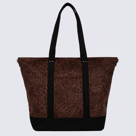 Sac Cabas Hexagona, Sac Cabas toile imprimée léopard femme en textile marron et détails noirs