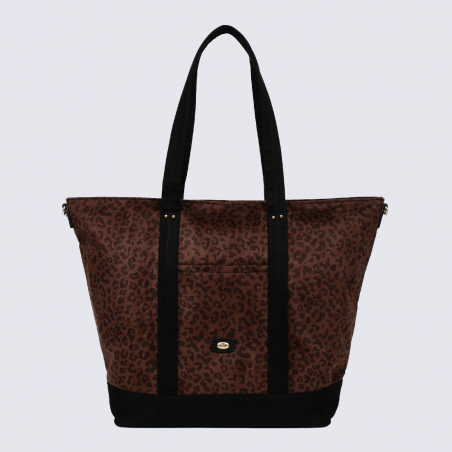 Sac Cabas Hexagona, Sac Cabas toile imprimée léopard femme en textile marron et détails noirs