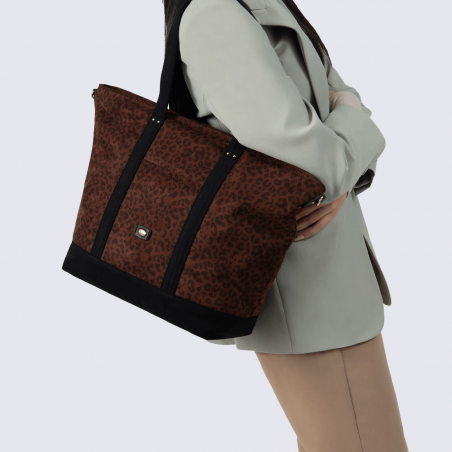 Sac Cabas Hexagona, Sac Cabas toile imprimée léopard femme en textile marron et détails noirs
