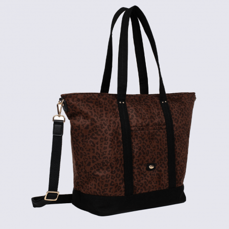 Sac Cabas Hexagona, Sac Cabas toile imprimée léopard femme en textile marron et détails noirs