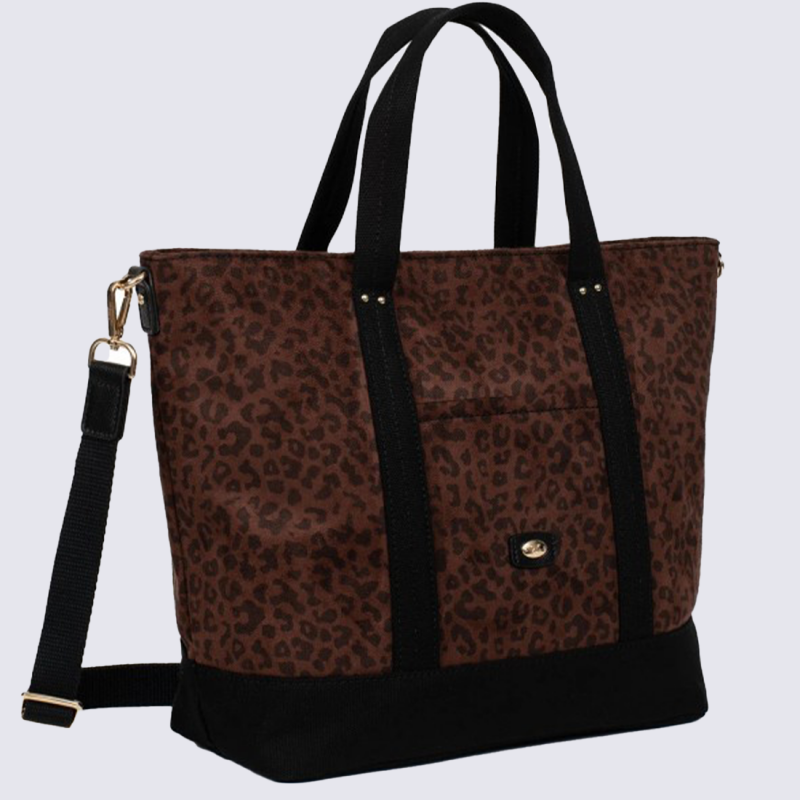 Sac cabas Hexagona, Sac cabas porté main femme en polyester imprimé léopard brun