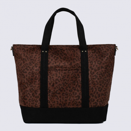 Sac cabas Hexagona, Sac cabas porté main femme en polyester imprimé léopard brun