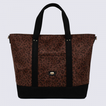 Sac cabas Hexagona, Sac cabas porté main femme en polyester imprimé léopard brun