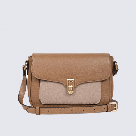 Sac bandoulière Hexagona, sac bandoulière femme en textile bicolore camel beige