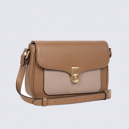 Sac bandoulière Hexagona, sac bandoulière femme en textile bicolore camel beige