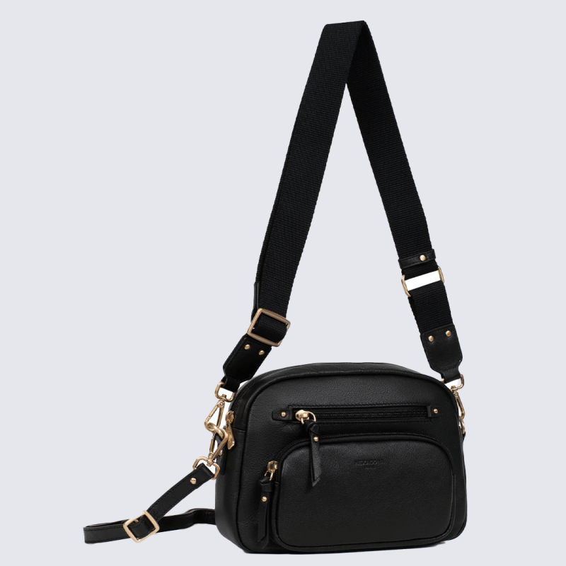 Sac bandoulière Hexagona, Sac bandoulière format compact femme en cuir noir