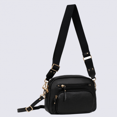 Sac bandoulière Hexagona, Sac bandoulière format compact femme en cuir noir