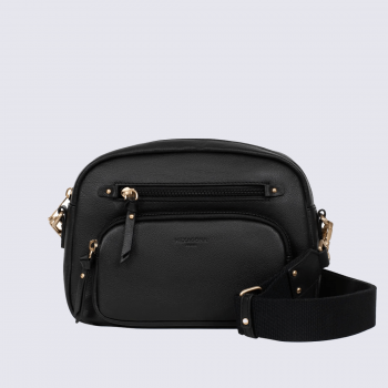 Sac bandoulière Hexagona, Sac bandoulière format compact femme en cuir noir