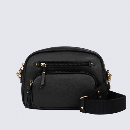 Sac bandoulière Hexagona, Sac bandoulière format compact femme en cuir noir