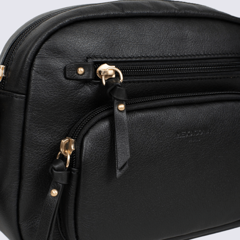 Sac bandoulière Hexagona, Sac bandoulière format compact femme en cuir noir