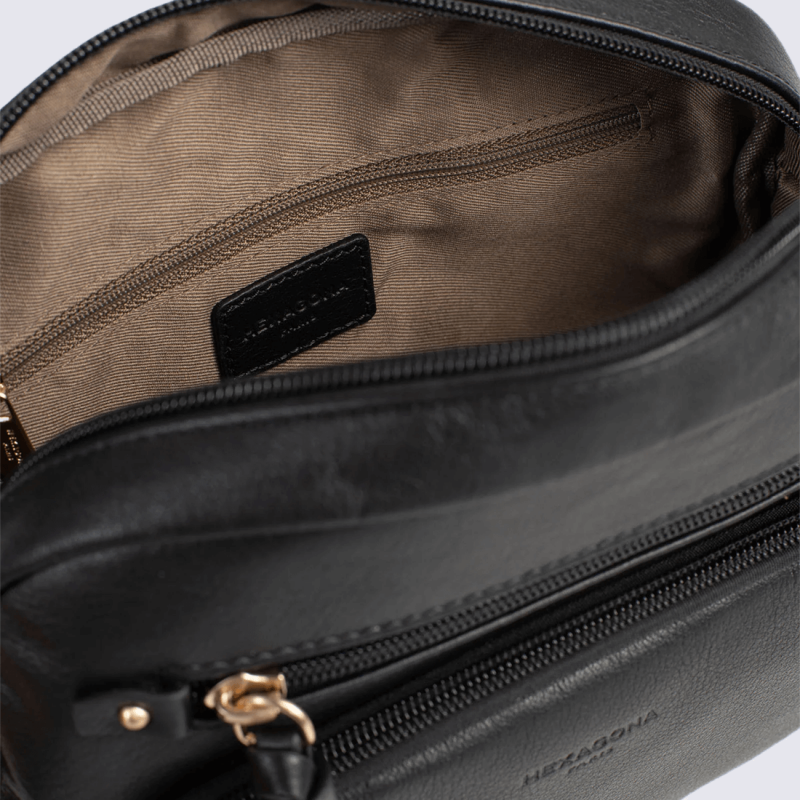 Sac bandoulière Hexagona, Sac bandoulière format compact femme en cuir noir