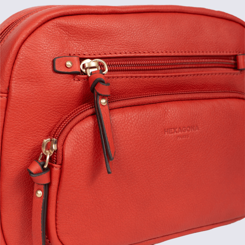 Sac porté travers Hexagona, Sac porté travers compact élégant femme en cuir orange