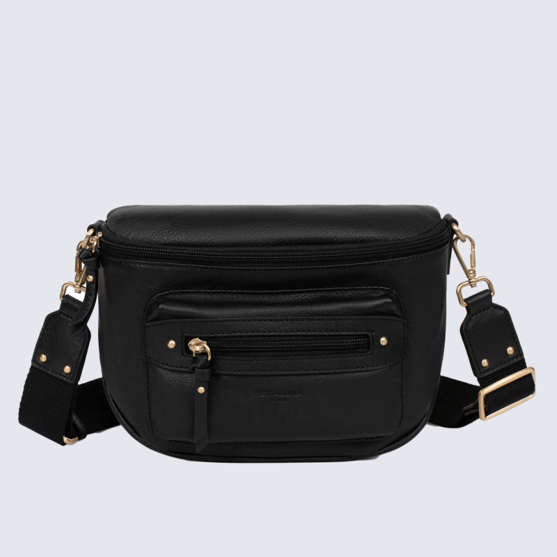 Sac porté travers Hexagona, Sac porté compact élégant femme en cuir noir