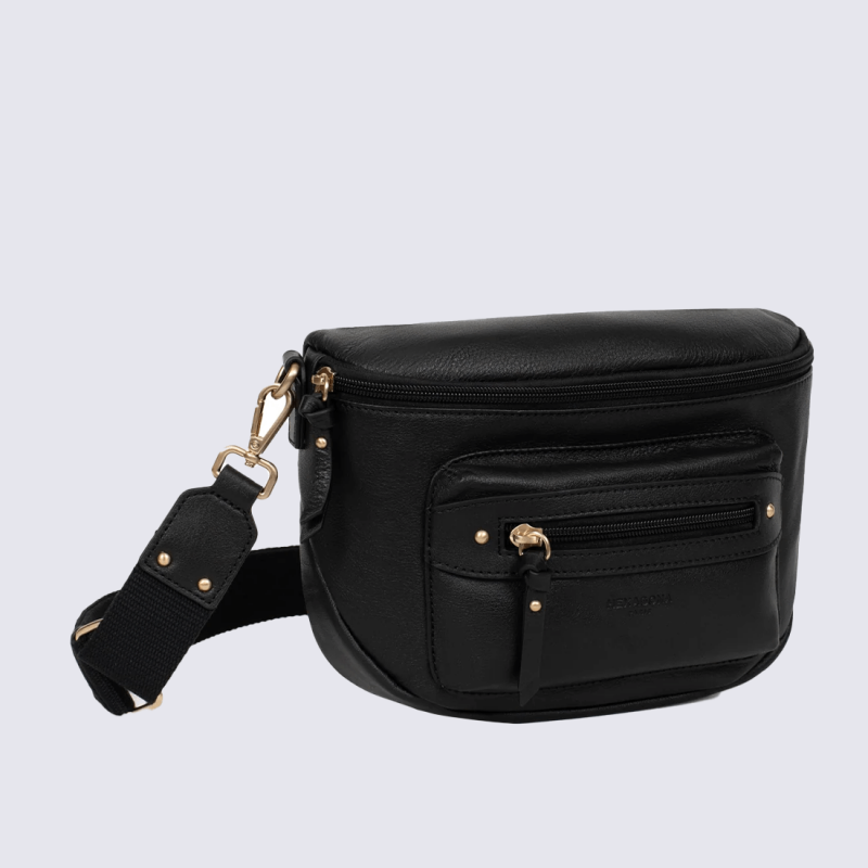 Sac porté travers Hexagona, Sac porté compact élégant femme en cuir noir
