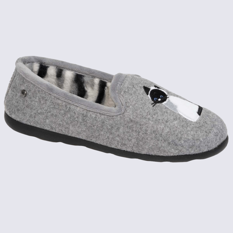 Chaussons Isotoner, chaussons brodés chaud et fourré femme en textile gris