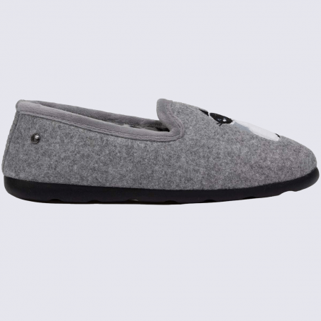 Chaussons Isotoner, chaussons brodés chaud et fourré femme en textile gris