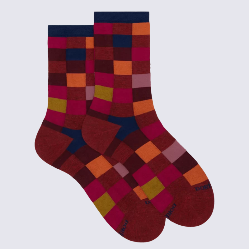 Chaussettes mi-mollet Doré Doré, Chaussettes motif échiquier femme en coton multicolore