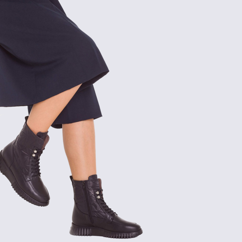 Bottines Wonders, Bottines plateforme femme en cuir et textile noir