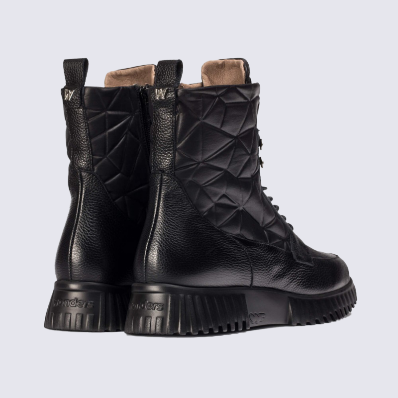 Bottines Wonders, Bottines plateforme femme en cuir et textile noir