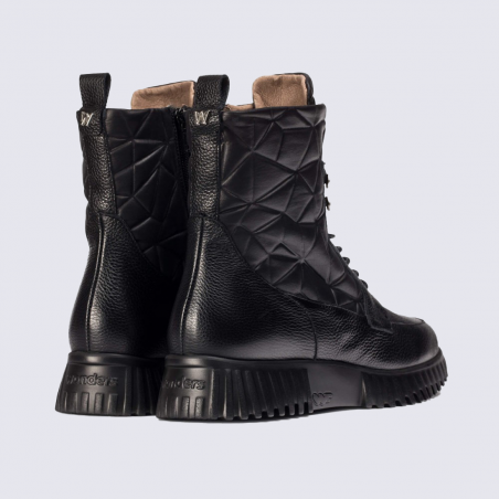 Bottines Wonders, Bottines plateforme femme en cuir et textile noir