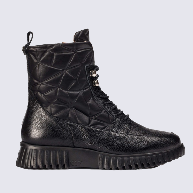 Bottines Wonders, Bottines plateforme femme en cuir et textile noir