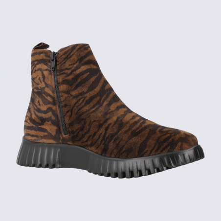 Bottines Wonders, Bottines femme en cuir velours imprimé zèbre tabac