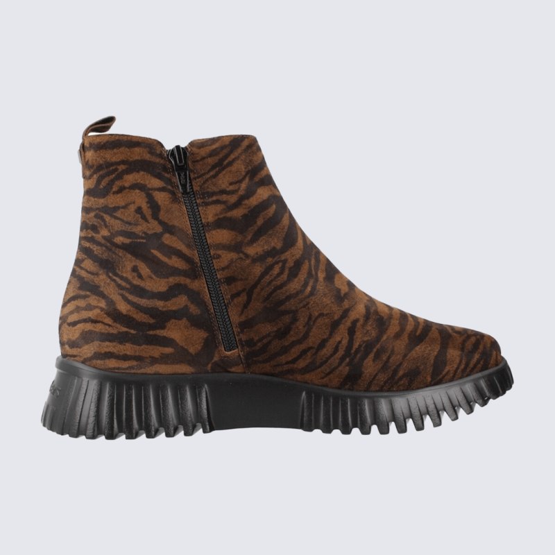 Bottines Wonders, Bottines femme en cuir velours imprimé zèbre tabac