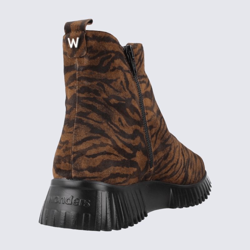 Bottines Wonders, Bottines femme en cuir velours imprimé zèbre tabac