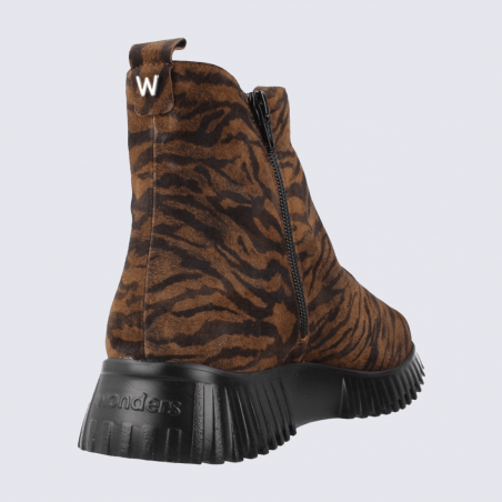 Bottines Wonders, Bottines femme en cuir velours imprimé zèbre tabac