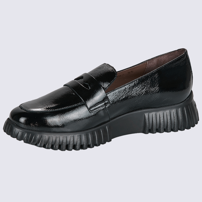Mocassins Wonders, Mocassins plateforme femme en cuir verni noir