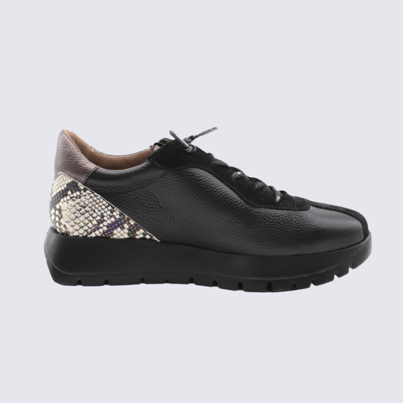 Baskets Wonders, Baskets plateforme femme en cuir noir à détails imprimés