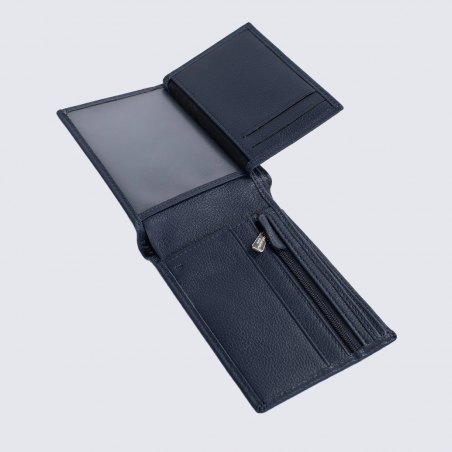 Portefeuille Hexagona, Portefeuille deux volets homme en cuir de vachette grainé marine