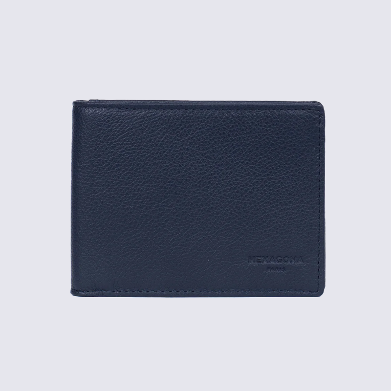 Portefeuille Hexagona, Portefeuille deux volets homme en cuir de vachette grainé marine