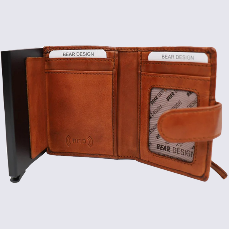 Portefeuille Bear, Portefeuille chic compact femme en cuir cognac