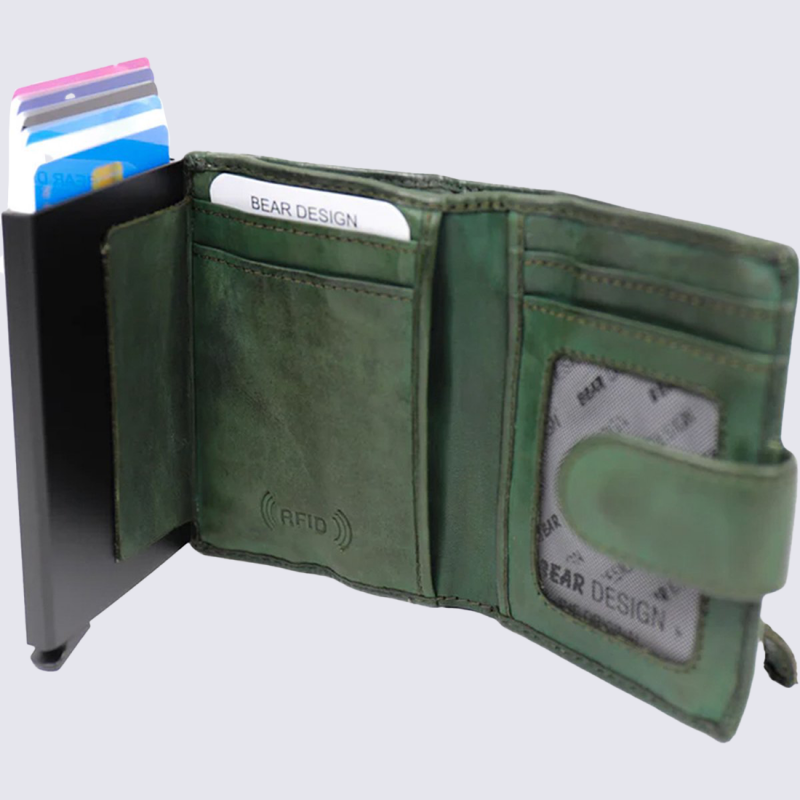 Portefeuille Bear, Portefeuille chic compact femme en cuir vert