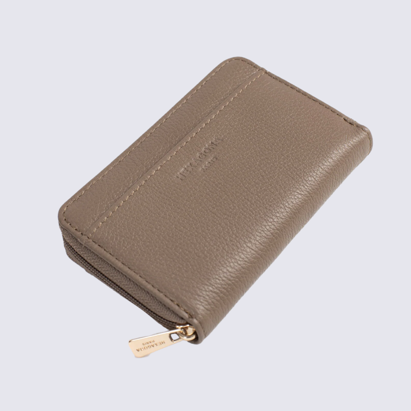 Porte-cartes zippé Hexagona, Porte-cartes compact femme en cuir écorce