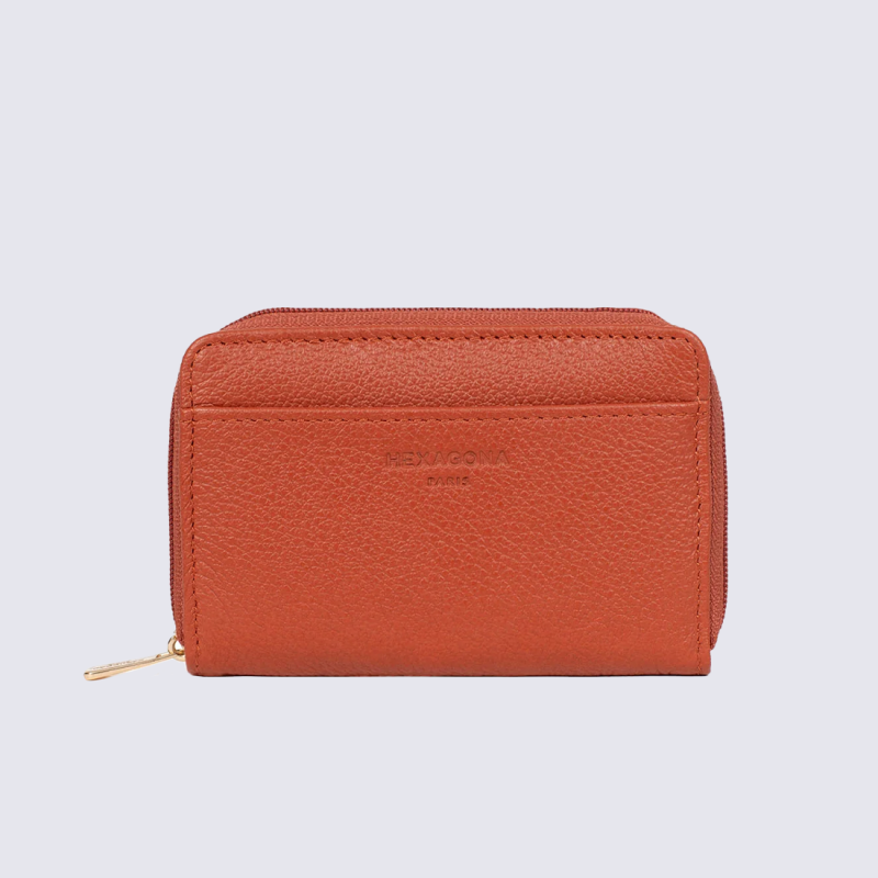 Porte-cartes zippé Hexagona, Porte-cartes confort et compact femme en cuir orange